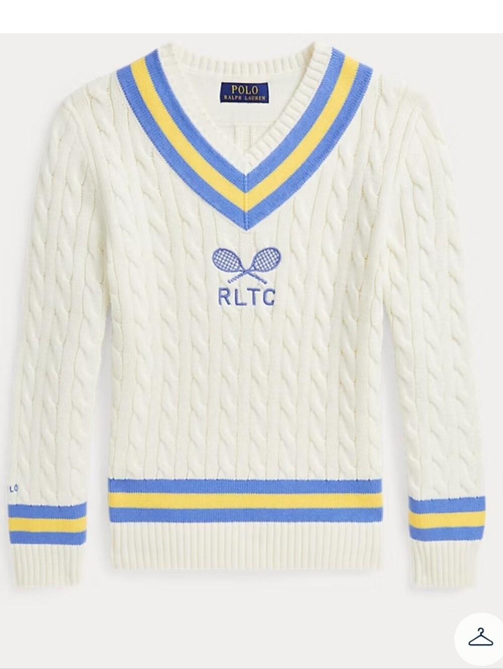 Polo Ralph Lauren Embroidered Cricket Cable Knit Sweater XL 18-20 In Cream Blue